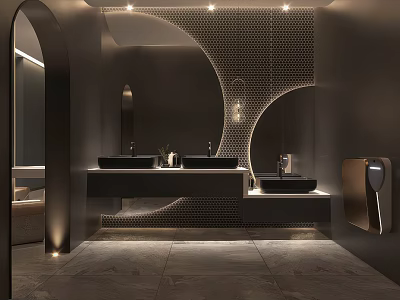 Modern Luxury Dark Tone Public Toilet With Double Vanity Sinks And Warm Ambient Lighting Design 3d model