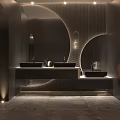 Modern Luxury Dark Tone Public Toilet With Double Vanity Sinks And Warm Ambient Lighting Design