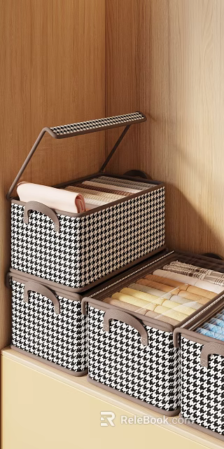 Organized Closet Storage With Houndstooth Baskets And Folded Fabrics On Wooden Wall 3d model 