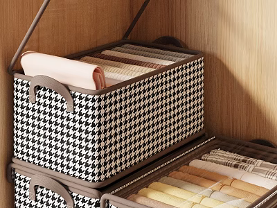 Organized Closet Storage With Houndstooth Baskets And Folded Fabrics On Wooden Wall 3d model