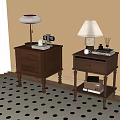 Modern Wooden Bedside Tables With Table Lamps Books Photo Frame Diffuser And Polka Dot Rug