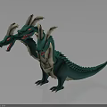 Three Headed Green Dragon Toy Figure With White Horns And Red Eyes