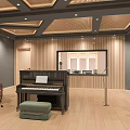 Modern Entertainment Room With Piano Drum Set Keyboard Wooden Walls And Ceiling