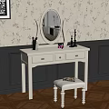 Elegant White Dressing Table With Round Mirror Stool Floral Wallpaper And Dark Wall Panels