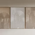 Three Piece Abstract Wall Art With Striped Patterns In Neutral Tones And Gold Frames 3d model