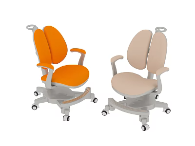 Two Kids Chairs in Orange and Beige with Armrests Wheels and Backrest Design for Kids 3d model