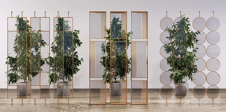 Modern Gold Metal Room Dividers With Geometric Patterns Circular Cutouts And Green Plants 3d model 