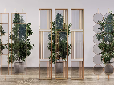 Modern Gold Metal Room Dividers With Geometric Patterns Circular Cutouts And Green Plants 3d model