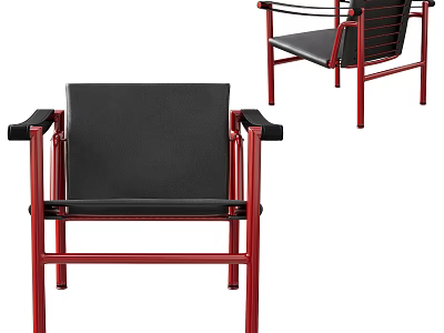 Modern Leisure Chair With Red Metal Frame And Black Leather Seat 3d model
