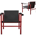 Modern Leisure Chair With Red Metal Frame And Black Leather Seat