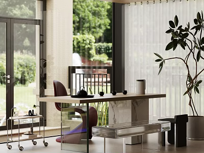 Modern Tea Room With Glass Doors Garden View Wooden Table Marble Elements And Potted Plant 3d model