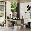 Modern Tea Room With Glass Doors Garden View Wooden Table Marble Elements And Potted Plant