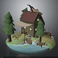 Charming Wooden Cabin With Red Roof Pine Trees Small Boat By Water Swing And Waterwheel