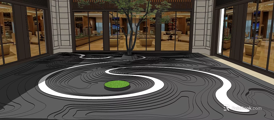 Japanese Dry Landscape Garden Design With Raked Sand Patterns Green Moss Patch And Tree 3d model 