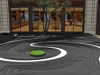 Japanese Dry Landscape Garden Design With Raked Sand Patterns Green Moss Patch And Tree 3d model