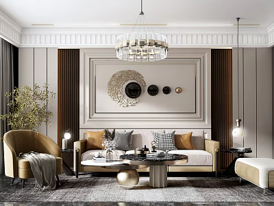Elegant Modern Sofa Coffee Table Set With Decorative Pillows Wall Mirrors Chandelier And Accent Chair 3d model