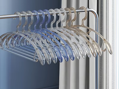 Transparent Non Slip Plastic Hangers in Blue and Beige Hanging on Rod 3d model
