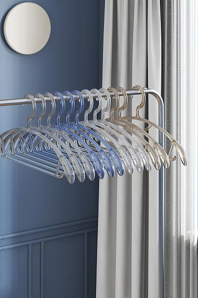 Transparent Non Slip Plastic Hangers in Blue and Beige Hanging on Rod 3d model