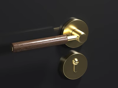 Stylish Door Handle With Wooden Grip And Golden Metal Components On Dark Door Surface 3d model