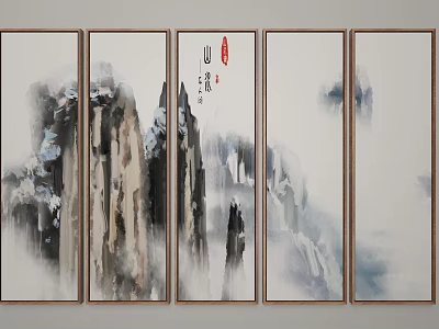 Traditional Chinese Ink Style Five Panel Mountain Landscape Painting With Clouds And Red Seal 3d model