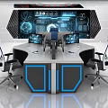 Modern Monitoring Room With Multiple Screens Control Console Ergonomic Chairs Blue Lighting And Geometric Walls