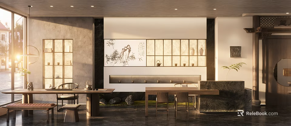 Elegant Chinese Style Hotel Public Lounge Area With Ink Painting Wooden Furniture And Decorative Vases 3d model 