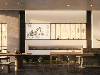 Elegant Chinese Style Hotel Public Lounge Area With Ink Painting Wooden Furniture And Decorative Vases 3d model