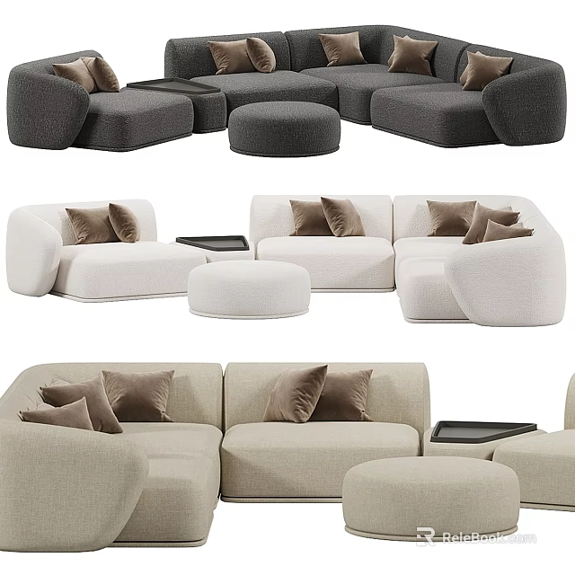 Modern Modular Sofa Set Interior With Plush Cushions Neutral Tones And Ottoman 3d model