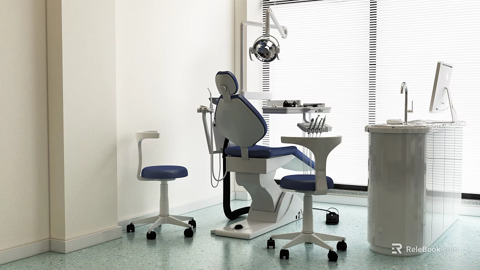 Modern Dental Treatment Room With Blue Chair Instruments Stools And Window 3d model 