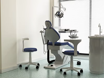 Modern Dental Treatment Room With Blue Chair Instruments Stools And Window 3d model