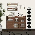 Wooden Storage Cabinet with Palm Plant Black Spiral Floor Lamp and Decorative Items
