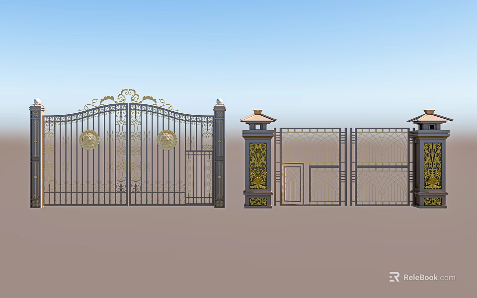 Wrought Iron Gates With Ornate Gold Accents Decorative Pillars And Roofed Top Designs 3d model 