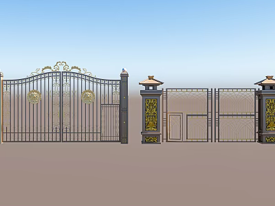 Wrought Iron Gates With Ornate Gold Accents Decorative Pillars And Roofed Top Designs 3d model