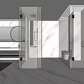 Modern Bathroom Interior With Marble Walls Double Vanity Round Mirror Glass Shower And Wooden Rug