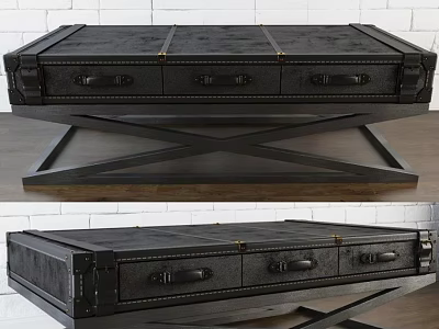 Modern Black Coffee Table With Crossed Metal Frame And Three Drawer Storage Design 3d model