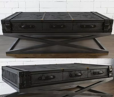 Modern Black Coffee Table With Crossed Metal Frame And Three Drawer Storage Design 3d model