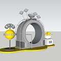 Outdoor Innovation Installation Circular Metal Structure Yellow Base Spherical Device With Children Adults Trees Buildings