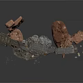Construction Scene With Crane Rock Formation Bridge Structure Metal Frames And Debris