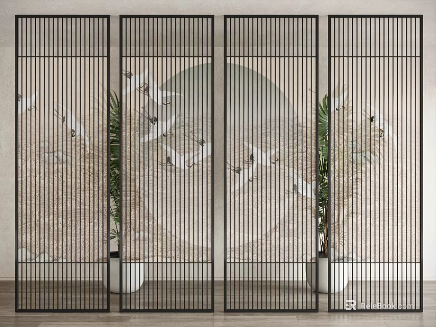 Modern Room Divider With Black Frame Crane Pattern Background Wall And Potted Plants 3d model