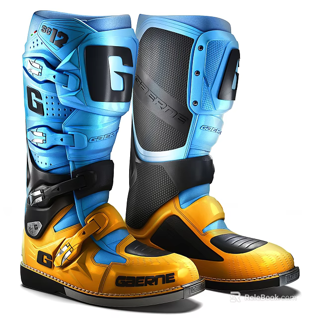 Blue And Yellow High Top Racing Motocross Motorcycle Boots With Protective Gear 3d model 