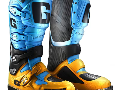 Blue And Yellow High Top Racing Motocross Motorcycle Boots With Protective Gear 3d model