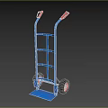 Blue Frame Hand Truck With Red Handles And Red Wheels For Transport