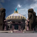 Grand European Style Architecture With Dome Elephant Statues Symmetrical Design And Water Reflection