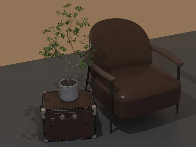 Brown Leather Armchair With Leather Trunk Side Table And Potted Plant 3d model