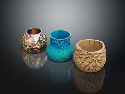 Colorful Blue And Beige Decorative Vases With Crackle Textured Surfaces 3d model