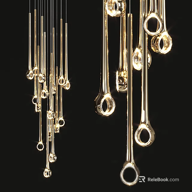 Golden Chandelier with Metal Tubes and Circular Rings hanging against Black Background 3d model 