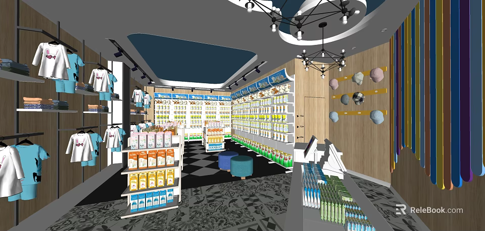 Specialty Store Interior With Shelves Products Clothing Displays Cashier And Chandeliers 3d model 