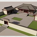 Ancient Traditional Architecture Courtyard With Red Pillars Stone Pavement And Green Plants