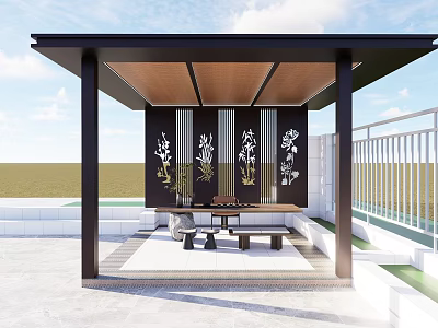 Modern Landscape Pavilion With Wooden Beams Black Backboard Plant Patterns Table Chairs And Railing 3d model