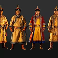 Group of Four Men in Traditional Mongolian Yellow Robes with Decorative Hats and Swords